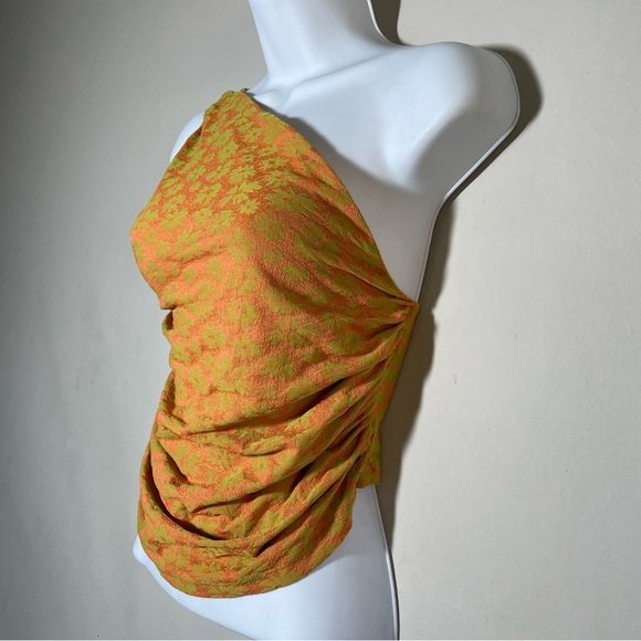NWT Zara Asymmetric Jacquard Off the Shoulder Orange Green Floral Crop Top SZ L - Picture 8 of 11